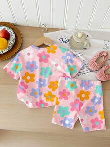 SHEIN Happikins 2pcs/Set Young Girl Casual Floral Print Short Sleeve Round Neck T-Shirt And Shorts Set, Suitable For Summer Summer Outfits - Multicolor - View 2
