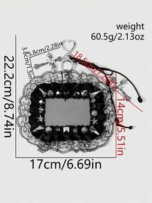 ROMWE Goth 1個Y2K龐克暗黑風黑白繫帶手機鍊，亮面水鑽皇冠骷髏十字星鉚釘蝴蝶結蕾絲卡套DIY鑰匙圈包包吊飾 - 黑色-18 - 查看 4