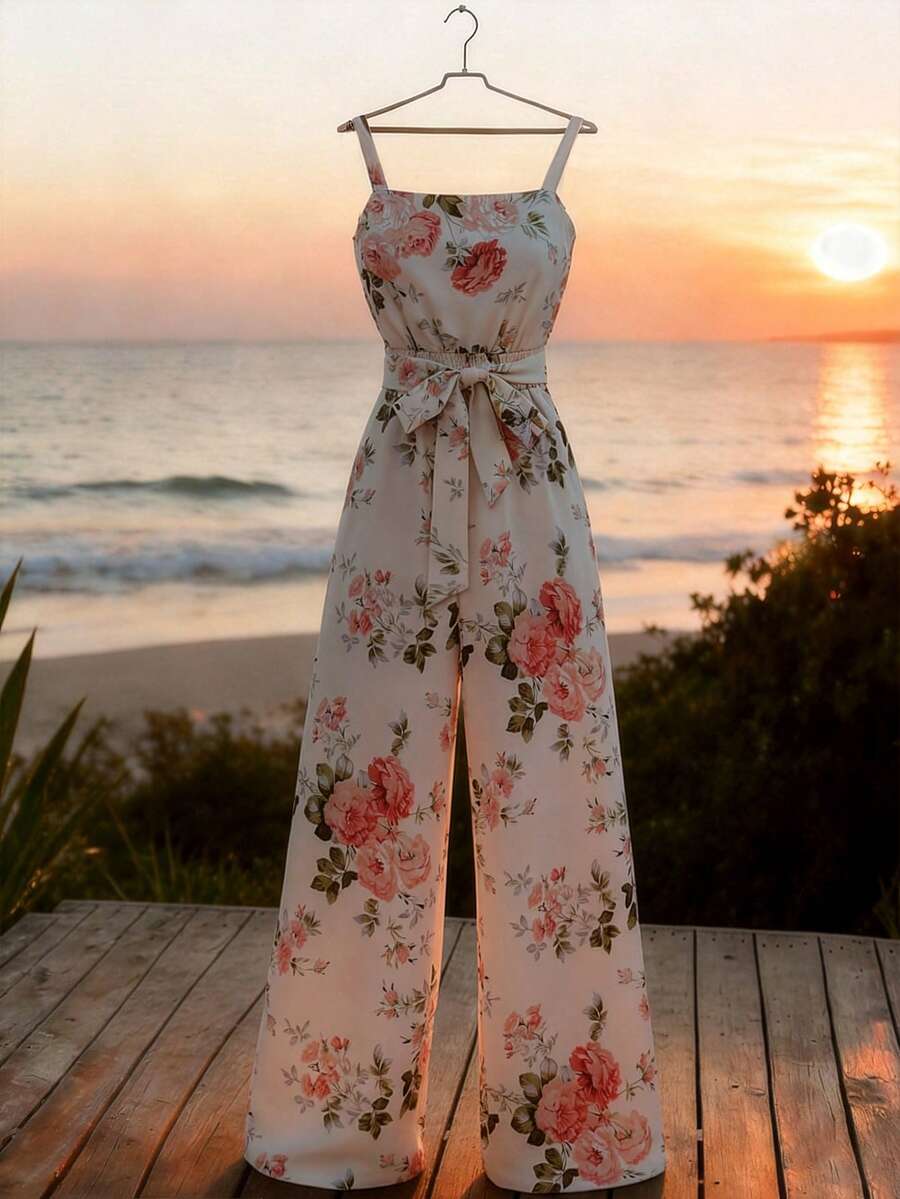 Selianne Women's Elegant Sexy Tropical Floral Print Sleeveless Jumpsuit, Long Length With Cinched Waist, Suitable For Spring/Summer Vacation Beach Beige - Multicolor - View 1