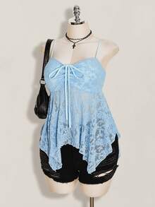 SHEIN ICON Plus Size Solid Color Lace Patchwork Front Drawstring Tie Camisole Top, Asymmetric Hem, Y2K Style, Suitable For Summer - Baby Blue - View 4