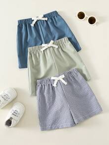 SHEIN Bộ 3 quần short cho bé sơ sinh/trẻ nhỏ, kiểu dáng unisex, màu mơ kẻ caro, màu trơn, sọc, cạp chun, chất liệu mềm mại và thoải mái, thích hợp cho mùa hè. - Nhiều màu - Xem 5