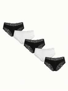 Bonmuse 5pcs Solid Color Lace Trim Striped Women's Triangle Briefs, Sexy & Breathable - Multicolor - View 1