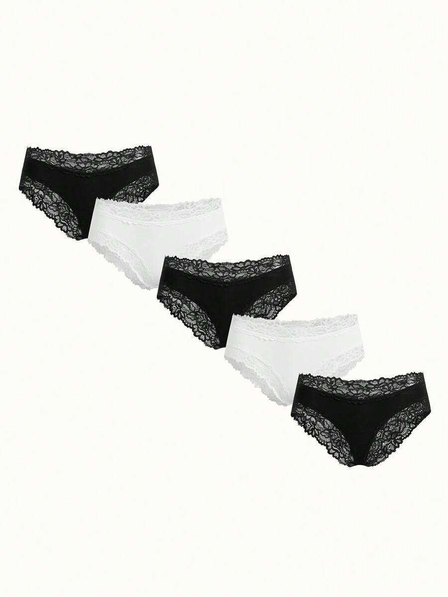 Bonmuse 5pcs Solid Color Lace Trim Striped Women's Triangle Briefs, Sexy & Breathable - Multicolor - View 1