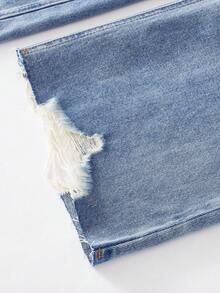 Jeans de cintura alta, lavados, de pierna ancha y suelta, estilo retro Y2K, azul desgastado y desteñido, de ajuste relajado, adecuados para primavera y verano - Azul - Ver 4
