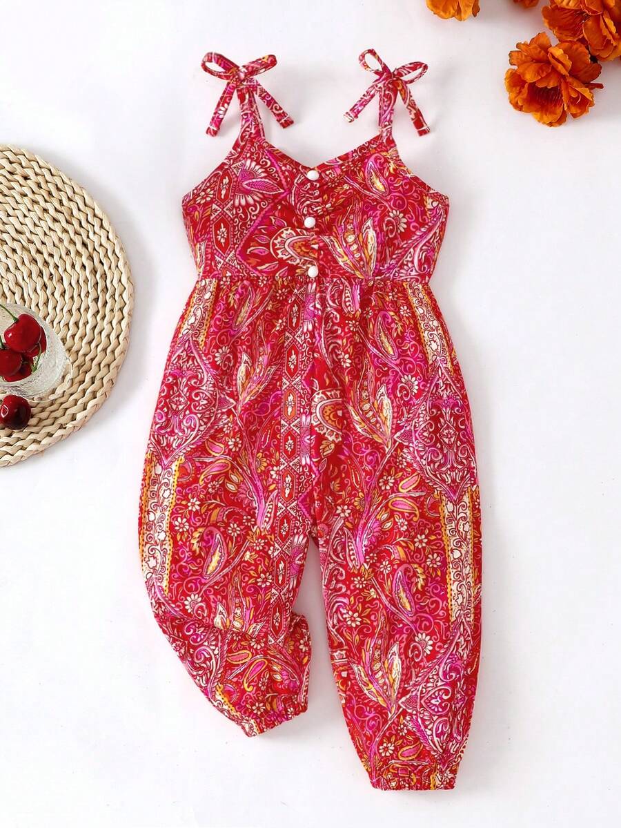 SHEIN Playful Pals 女嬰夏季無袖連身褲 紅色波點波希米亞風 度假節日花卉印花 蝴蝶結肩帶 鈕扣設計 寬鬆版型 束口褲腳 休閒套裝 - 紅色 - 查看 1