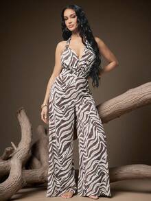SHEIN Haute Bộ jumpsuit hở lưng, cổ yếm, in họa tiết toàn thân, gợi cảm, thích hợp cho mùa hè. - Nhiều màu - Xem 3