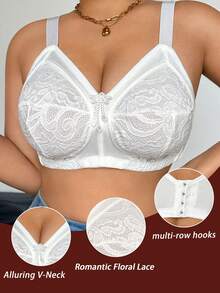 DesireSculpt Plus Size Lace Patchwork Wireless Bra White Summer - White - View 8