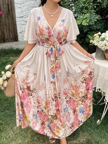 Modelyn Casual Boho Loose Beige Lace Patchwork Elegant Dress, Plus Size, Suitable For Daily Wear And Vacation, Spring/Summer Wedding Guest - Apricot - View 5