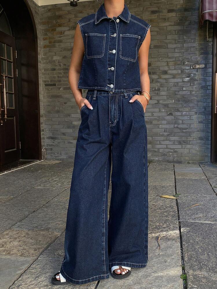 Women's Collared Sleeveless Shirt & Loose Wide-Leg Jeans 2 Pieces Set
