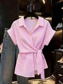 SHEIN Franclia Women's Pink And White Striped Shirt,Summer Elegant Holiday Vacation Holiday Casual Minimalist Button Short Sleeve Stand Collar Versatile Commute - Multicolor - View 7