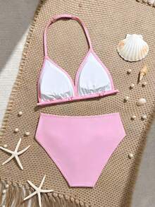 SHEIN Bộ bikini cho bé gái tuổi teen, đồ bơi hai mảnh màu hồng bằng vải dệt kim, kiểu tam giác, cổ yếm, thời trang thường ngày, thanh lịch cho bãi biển, hồ bơi, kỳ nghỉ hè. - Hồng - Xem 2