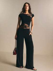 Poéselle Bộ jumpsuit nữ thời trang thanh lịch, chất liệu ren xuyên thấu, ống rộng, phối nhiều mảnh. - màu đen - Xem 7