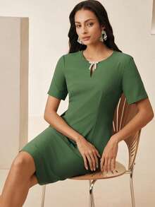 Anewsta New Summer Round Neck V-Neck Bow Design Cinched Waist Elegant Green Sequin Short Sleeve Midi Dress, Suitable For Outfit, Party Dinner Date Festival - Green - View 7