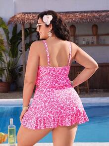 Swim Mod Conjunto de traje de baño de 3 piezas talla grande para mujer, bikini con volantes, estampado floral, tirantes finos, sexy y elegante para vacaciones de primavera/verano en la playa - Rosa Fucsia - Ver 2