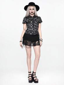 ROMWE Trang phục mùa hè: Áo sơ mi nữ ôm dáng in hình xương và cây cỏ theo phong cách Gothic tối tăm, lấy cảm hứng từ rừng rậm. - màu đen - Xem 1