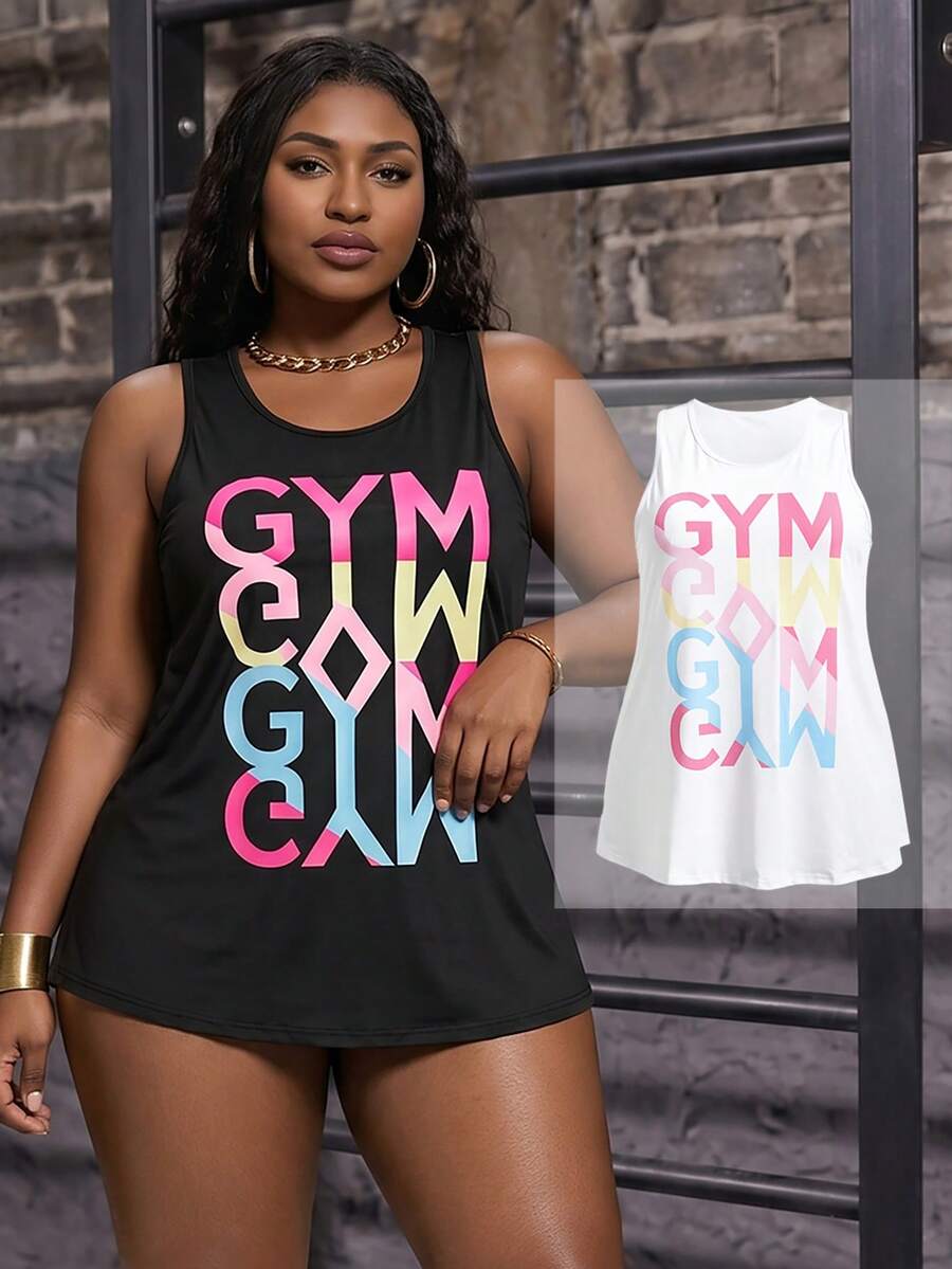 SHEIN Sports 大尺碼2入組字母圖形運動背心套裝 - 彩色 - 查看 1