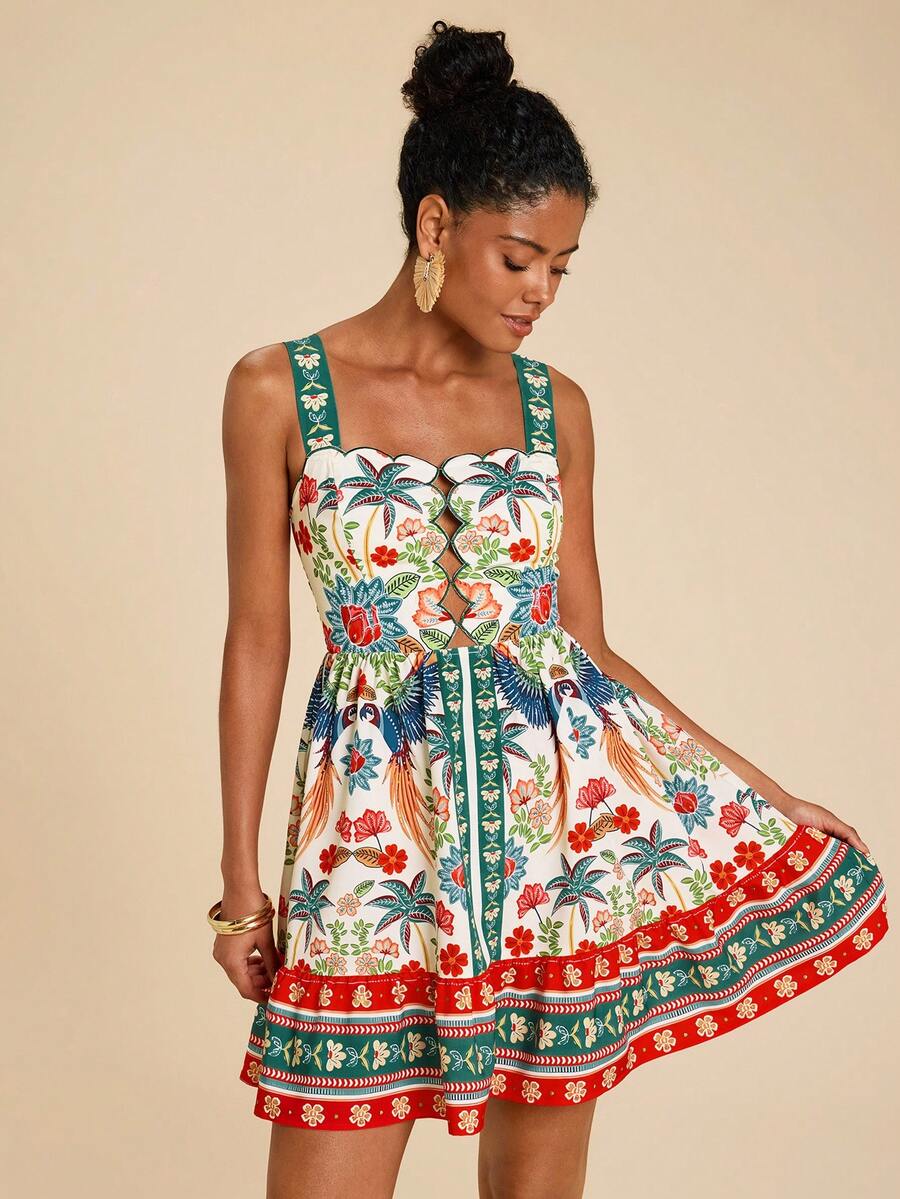 Travachic Women's Summer Vacation Plant Print Spaghetti Strap Short Dress - Multicolor - View 1