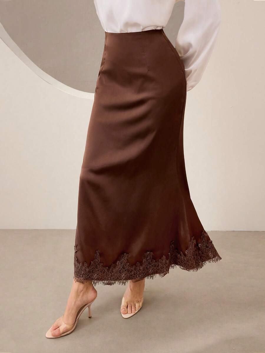 Satin Contrast Lace Trim Elegant French Style Evening Skirt For Women - Coffee Brown - View 1
