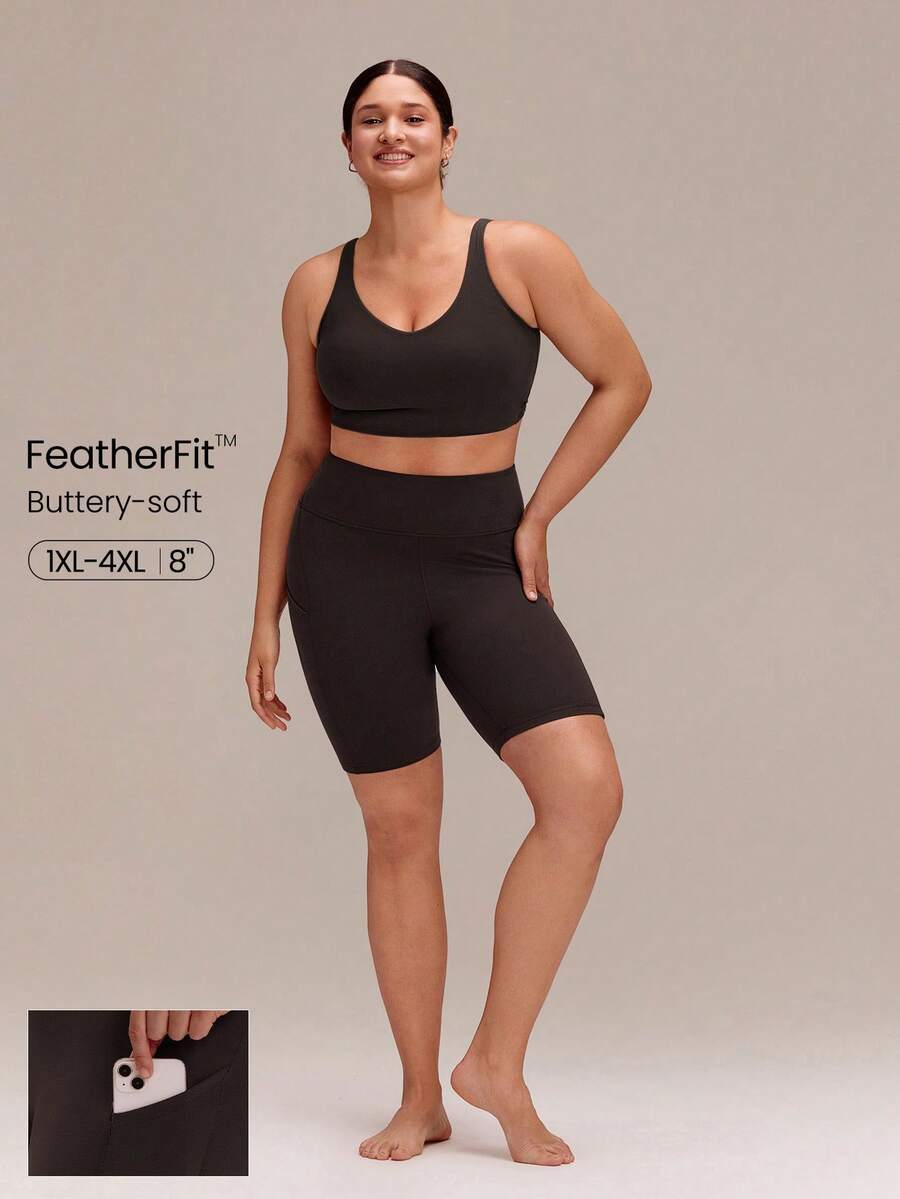 GLOWMODE 8" Plus Size FeatherFit™ All Day Sculpt Buttery-Soft High Rise Biker Shorts With Side Pockets Yoga Pilates Studio Daily Wear - Coffee Brown - View 1