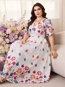 Modelyn Plus Size Women Elegant Minimalist French Style Floral Print Short Sleeve Dress Gym Brown Summer - Pink - View 1