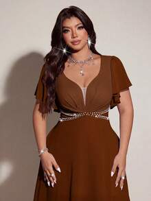 Viva Relle Plus Size Women's Elegant Romantic V-Neck Short Sleeve Flowing Dress, Spring/Summer - Brown - View 4