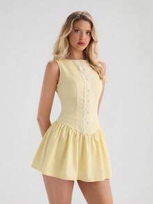 Glamine Charm 杏色和蓝色花卉复古优雅无袖编织纽扣蕾丝下摆A字迷你公主裙，蓝色花卉印花，适合春季、夏季及所有季节 - 淡黃色 - 查看 4