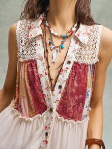 Bohemela Women's Loose Woven Patchwork Shirt, Spring/Summer,Summer Top - Multicolor - View 3