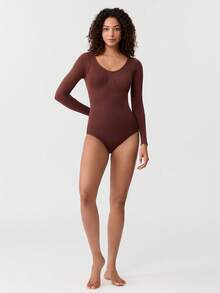 Loungeista 1pc Women's Seamless Crew Neck Long Sleeve Shapewear, Full Coverage Comfortable Bodysuitfor Summer - Brown - View 3