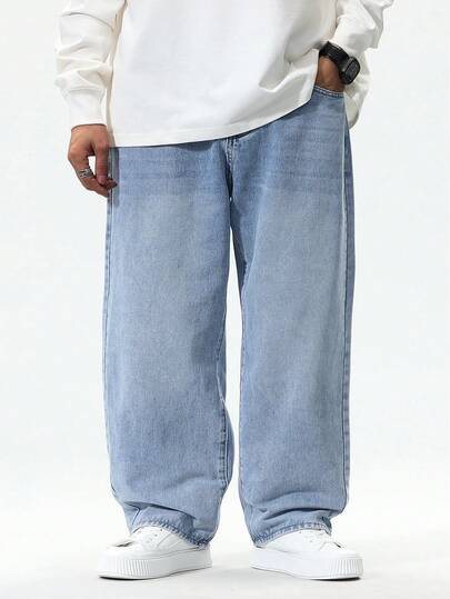 Manfinity Hypemode Jeans de mezclilla lavados informales y sueltos de talla grande para hombre, jeans cargo holgados de un solo color azul claro lavado, regalos para esposo o novio