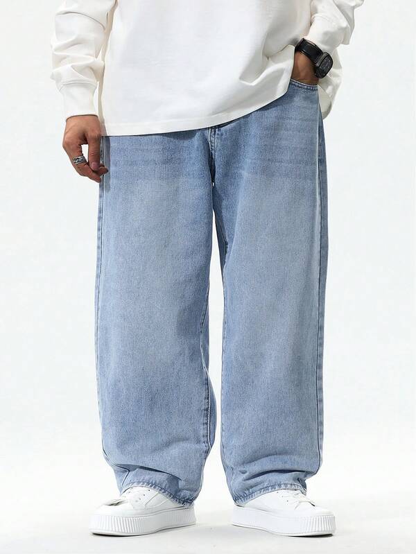 Manfinity Hypemode Jeans de mezclilla lavados informales y sueltos de talla grande para hombre, jeans cargo holgados de un solo color azul claro lavado, regalos para esposo o novio