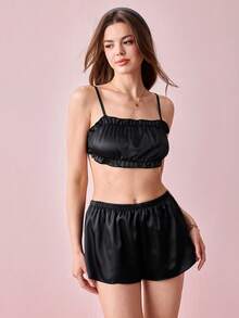 Bonmuse 2pcs Women Camisole Top + Elastic Waist Shorts Pajama Set - Black - View 7