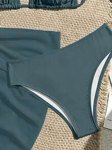 SHEIN Swim Vcay Bộ bikini 3 mảnh gợi cảm buộc dây cổ màu trơn dành cho nữ mùa hè, kèm áo khoác ngoài và váy. - Màu xám đen - Xem 4