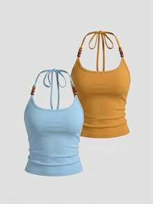 SHEIN Unity 女款 2 件套純色百褶掛脖上衣，淺藍色夏季波西米亞風，適合派對、夜店、郵輪、海灘及日常穿著 - 彩色 - 查看 1