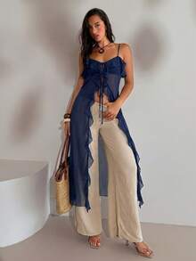 Aloruh Áo kiểu nữ gợi cảm phong cách Bohemian màu trắng mỏng, dáng dài, thích hợp cho các lễ hội âm nhạc. - Màu xanh hải quân - Xem 8
