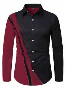 Manfinity Mode Men's Fashion Commuter Contrast Color Button Long Sleeve Shirt, Formal, Ceremony - Red and Black - View 3