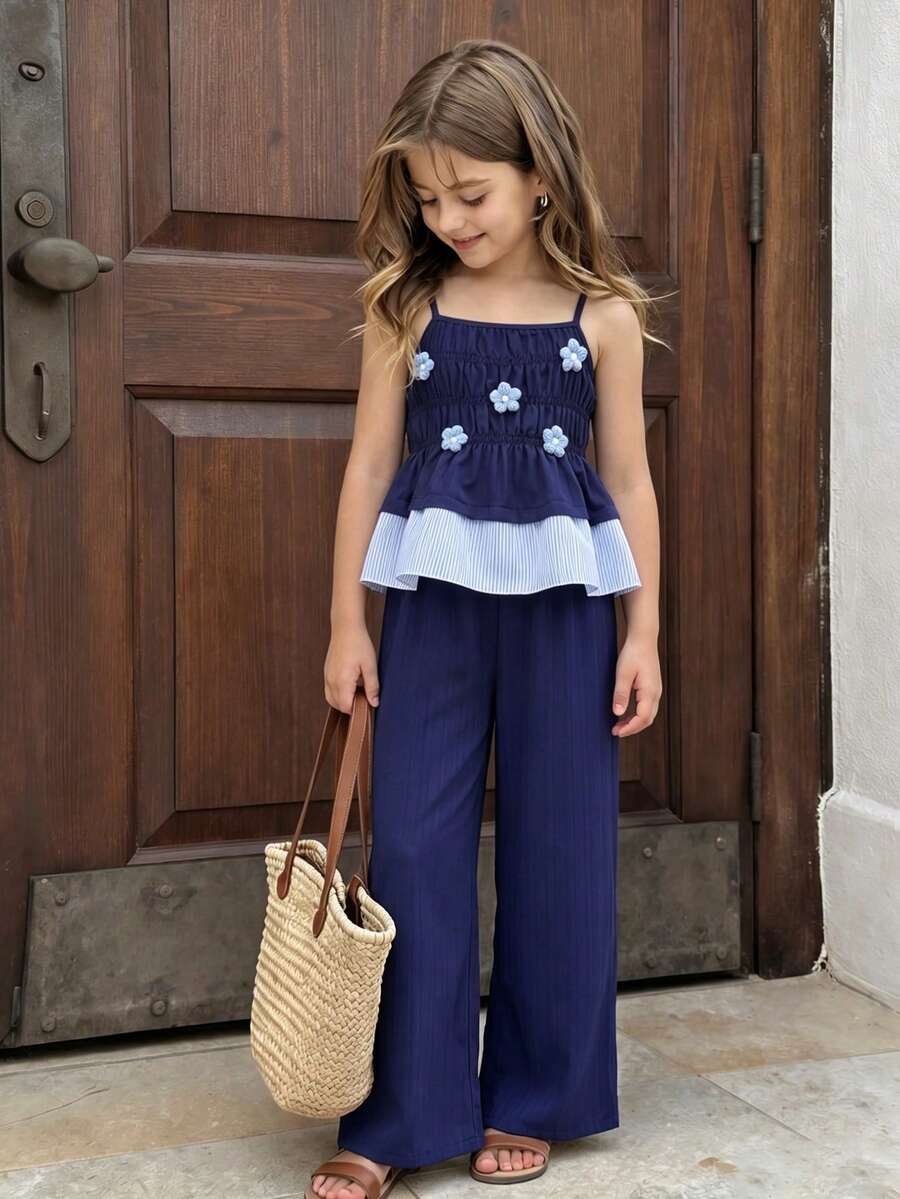 Girls Striped Bow Camisole Top And Straight Leg Pants Summer Vacation Outfit - Royal Blue - View 1