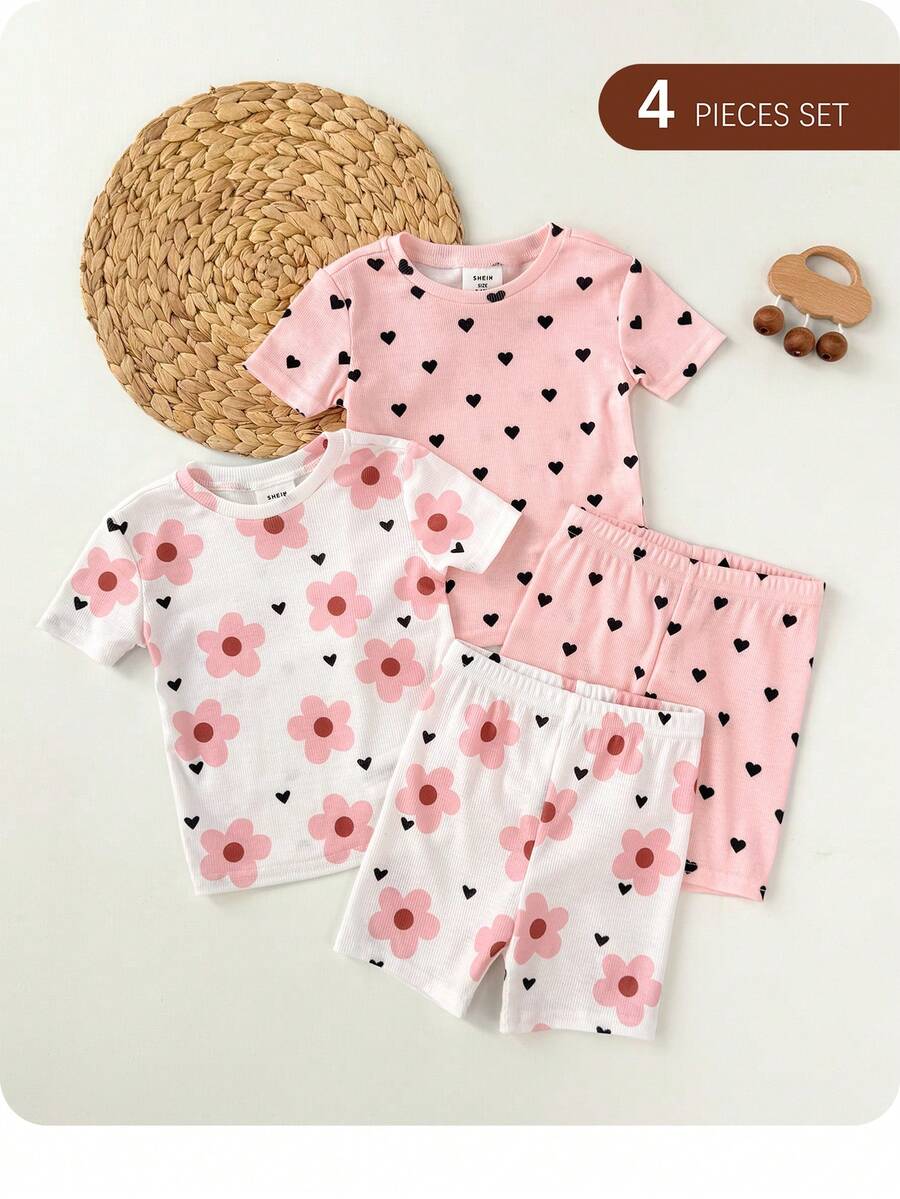 SHEIN Bộ 4 món đồ mặc nhà tay ngắn dệt kim dễ thương cho bé gái, họa tiết trái tim và hoa. - Hồng - Xem 1
