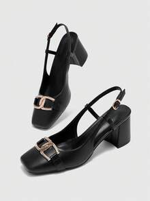 CUCCOO BIZCHIC 女士搭扣设计日常通勤黑色方头高跟露跟鞋 - 靜夜黑色 - 查看 10