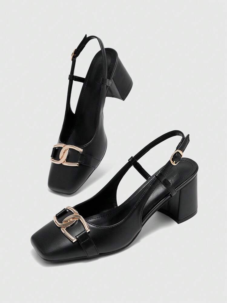 CUCCOO BIZCHIC Women's Buckle Design Daily Commuter Black Square Toe Women's High Heel Shoes Slingback Shoes