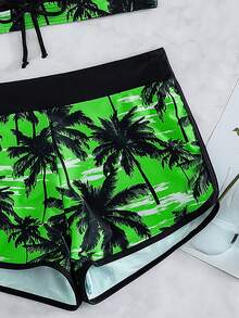 SHEIN Swim 女士夏季沙滩棕榈树印花露背性感比基尼套装（印花随机） - 綠色 - 查看 6