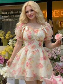 SHEIN MOD Plus Size Pink Floral Organza Print Party Dress, Bow Design Summer Curve Dress,Spring Ruffle Country Festival Outfits For Women - Multicolor - View 6