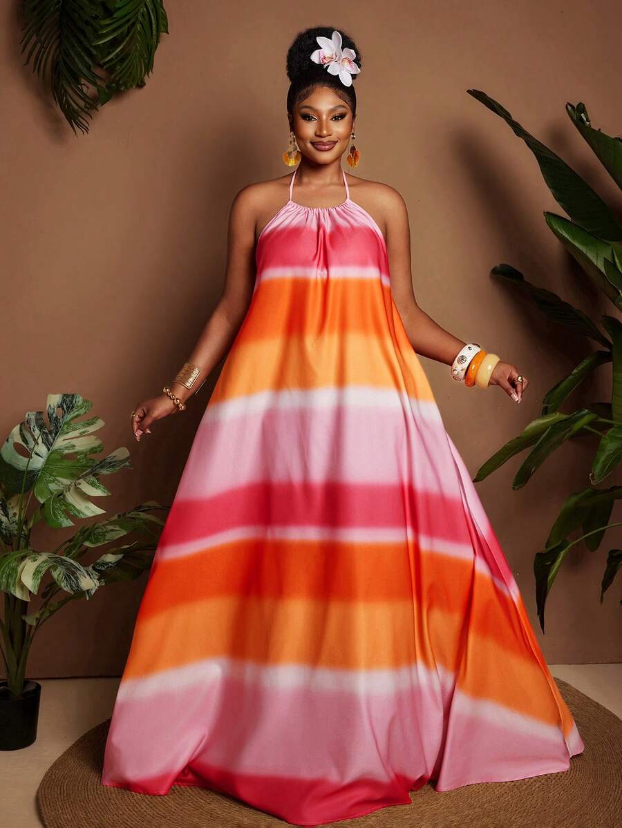 Maweii Plus Size European And American Style Versatile Sexy Printed Vacation Slip Dress - Pink - View 1