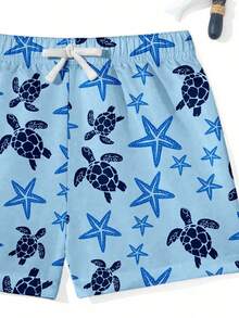 Tween Boy Navy Blue Summer Casual Beach Shorts,Turtle & Starfish Graphic Print,Loose Fit,Cool Style,Classic Color Blocking,Vacation Holiday Swimming - Multicolor - View 5
