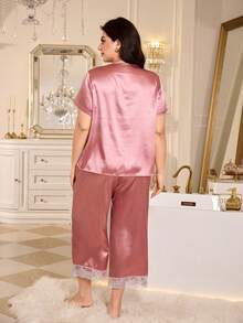 MuseNap CURVE Conjunto de pijama de talla grande con cuello en V, parches de encaje y bordados elegantes - Rosa vieja - Ver 3