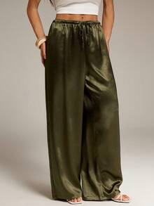 SHEIN Tall Quần dài ống rộng màu xanh lá cây bằng vải satin dành cho nữ, kiểu dáng thường ngày, quần lụa, quần satin, quần lụa xanh lá cây, quần satin xanh lá cây, quần màu xanh ô liu, kiểu dáng thường ngày. - màu xanh lá - Xem 3