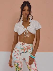 MUSERA Ruched Ruffled Tie Front Cropped Cotton Poplin Top Cute Sexy Spring Summer Holiday Vacation Going Out Girly Cool Girl Late Checkout - White - View 4