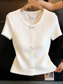 GlowEve Women's Elegant Elegant Daily/Office Commute Solid Ribbed Knit Short Sleeve T-Shirt With Rhinestone Bow Decor - White - View 8