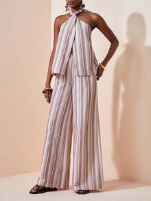 Zivah 2026 Pink And White Striped Cotton Linen Two Pieces Set,Summer Casual Holiday Vacation Elegant Halter Top And Wide Leg Pants Bohemian Beachwear - Pink - View 6