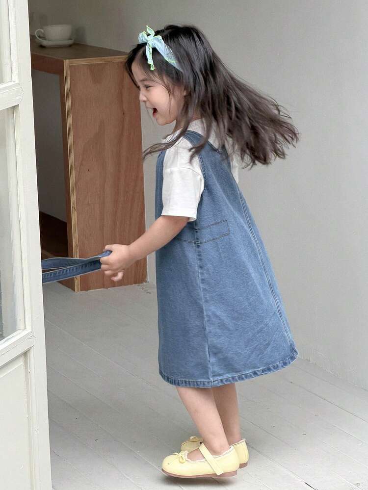 Sleeveless Denim Dress With Washed Crossbody Bag, Loose Fit Girls (Small)