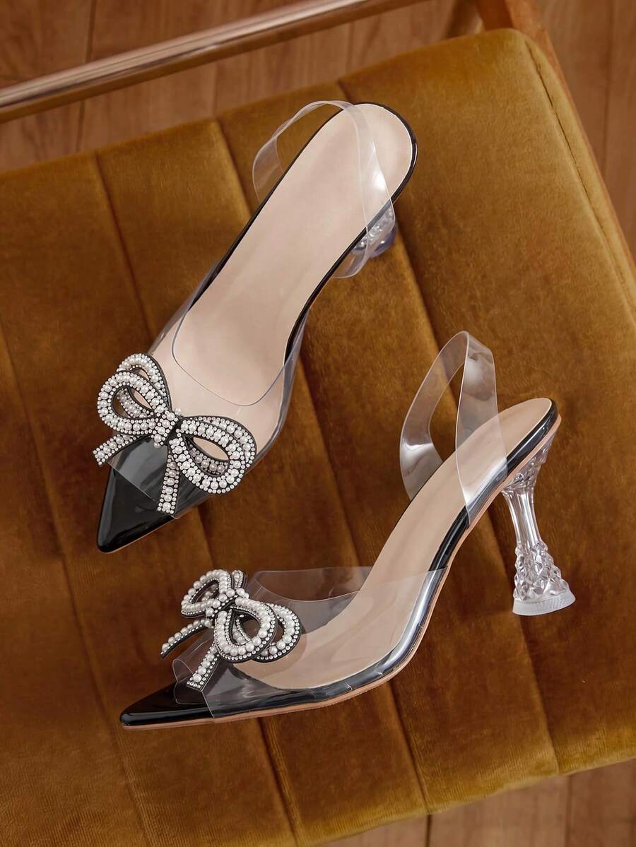 Mẫu sandal cao gót mũi nhọn đính nơ pha lê trong suốt thời trang mới năm 2025 dành cho nữ, kiểu dáng cổ tích, phù hợp với trang phục xuân hè. - màu đen - Xem 1